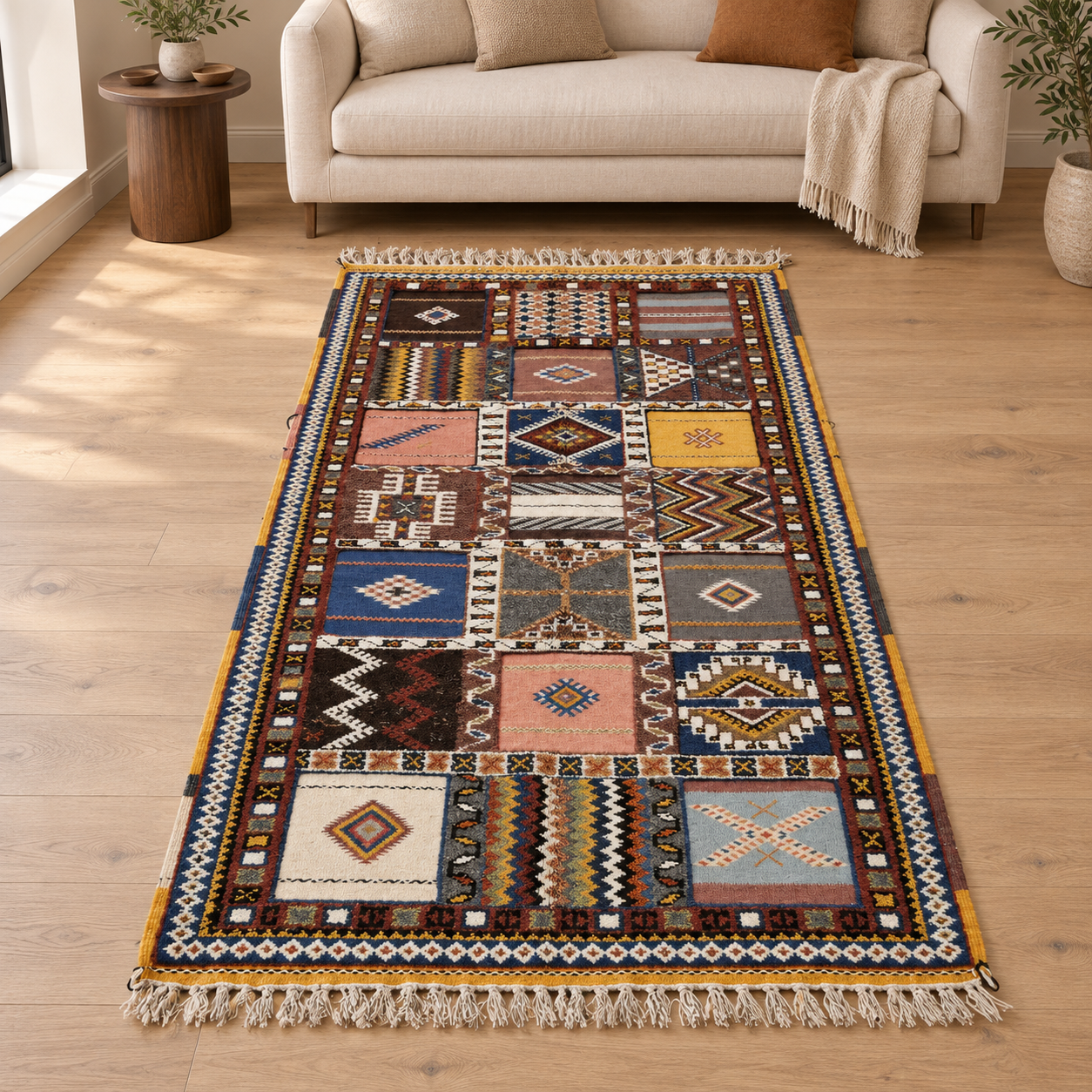 Multicolor Taznakht wool rug with geometric panels in a modern living room