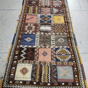 Multicolor Taznakht wool rug with geometric panels and fringed ends, 200 x 110 cm